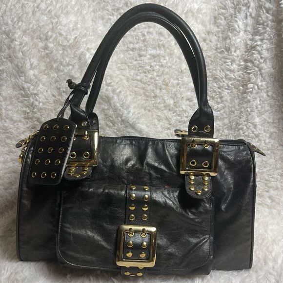 CMZ Black Satchel with gold tone studs accent and gold tone hardwares. - Picture 1 of 15